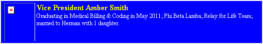 Text Box: Vice President Amber Smith 
Graduating in Medical Billing & Coding in May 2011; Phi Beta Lamba; Relay for Life Team; married to Herman with 1 daughter.
&nbsp;
