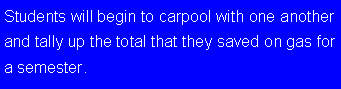 Text Box: Students will begin to carpool with one another and tally up the total that they saved on gas for a semester.