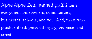 Text Box: Alpha Alpha Zeta learned graffiti hurts everyone: homeowners, communities, businesses, schools, and you. And, those who practice it risk personal injury, violence, and arrest.